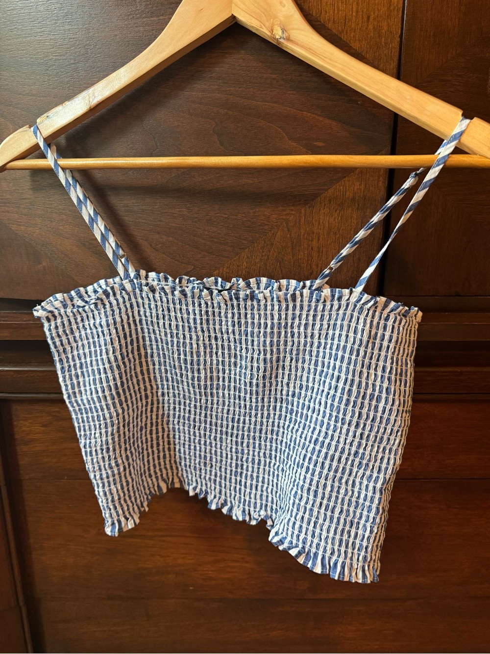 Express Blue and White Smocked Cropped Tank Top Size Medium